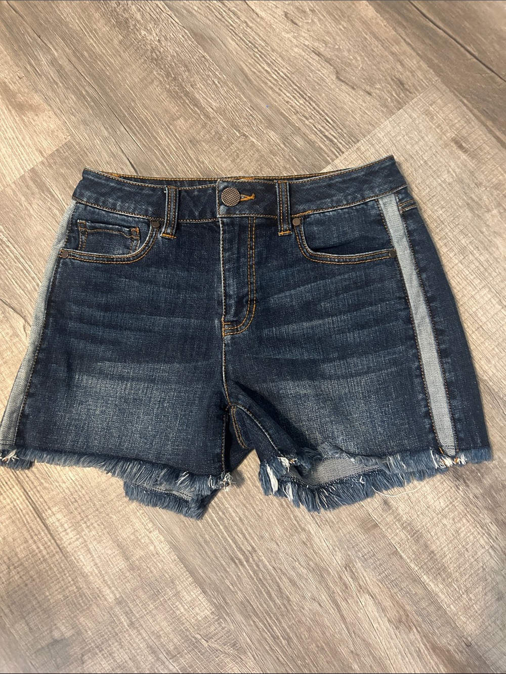 CAbi Dark Blue Denim Frayed Hem Shorts with Side Stripe